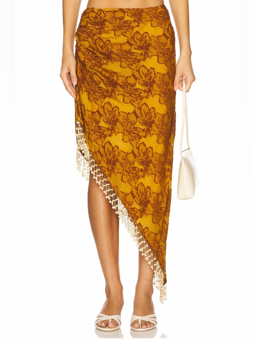 House of Harlow 1960 Mustard Yellow Floral Asymmetrical Fringe Skirt